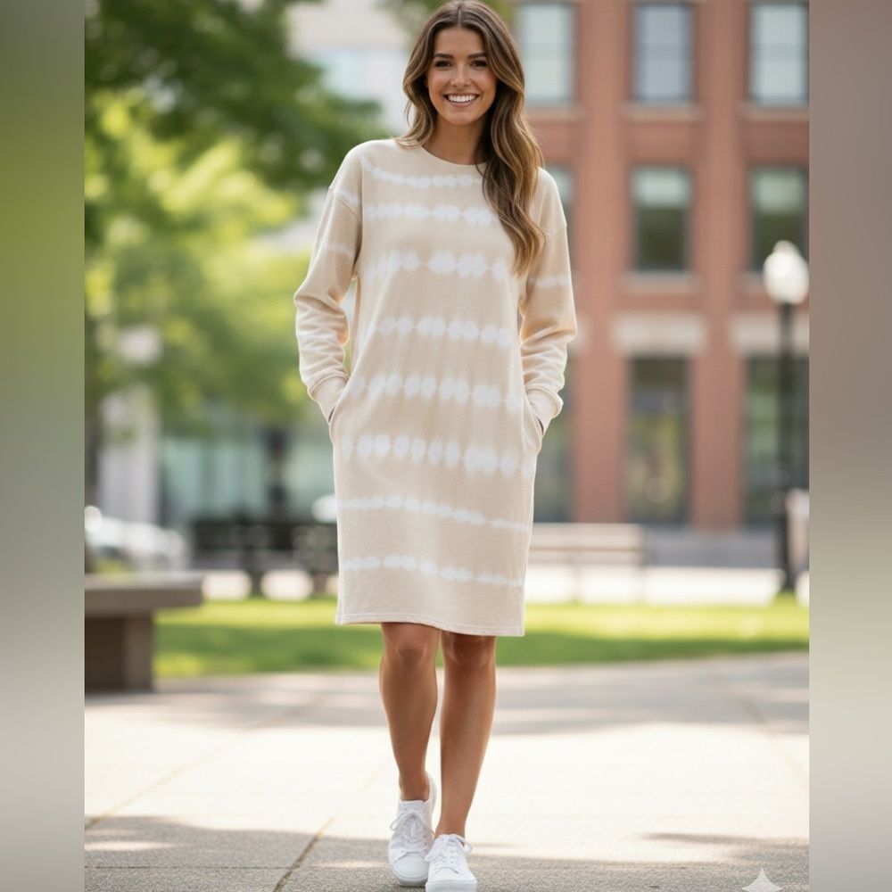 Time and Tru Beige Tie-Dye Long Sleeve Dress